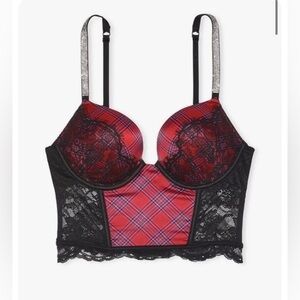 Victoria’s Secret Bombshell Plaid Add 2 Cups Corset Shine Strap Rhinestone Bling
